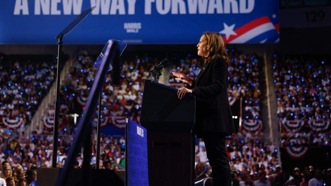 Vice President Kamala Harris speaks during a rally at the Bojangles Coliseum in Charlotte, NC on Thursday, September 12, 2024.
