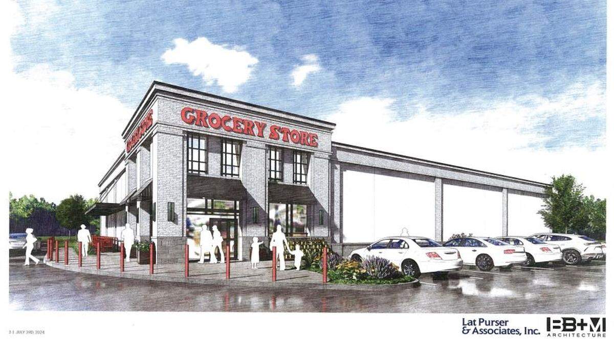 Matthews Board of Commissioners approved elevation changes for a neighborhood grocery store at Matthews Gateway project. The sketch plan shows signage font similar to Trader Joe’s.