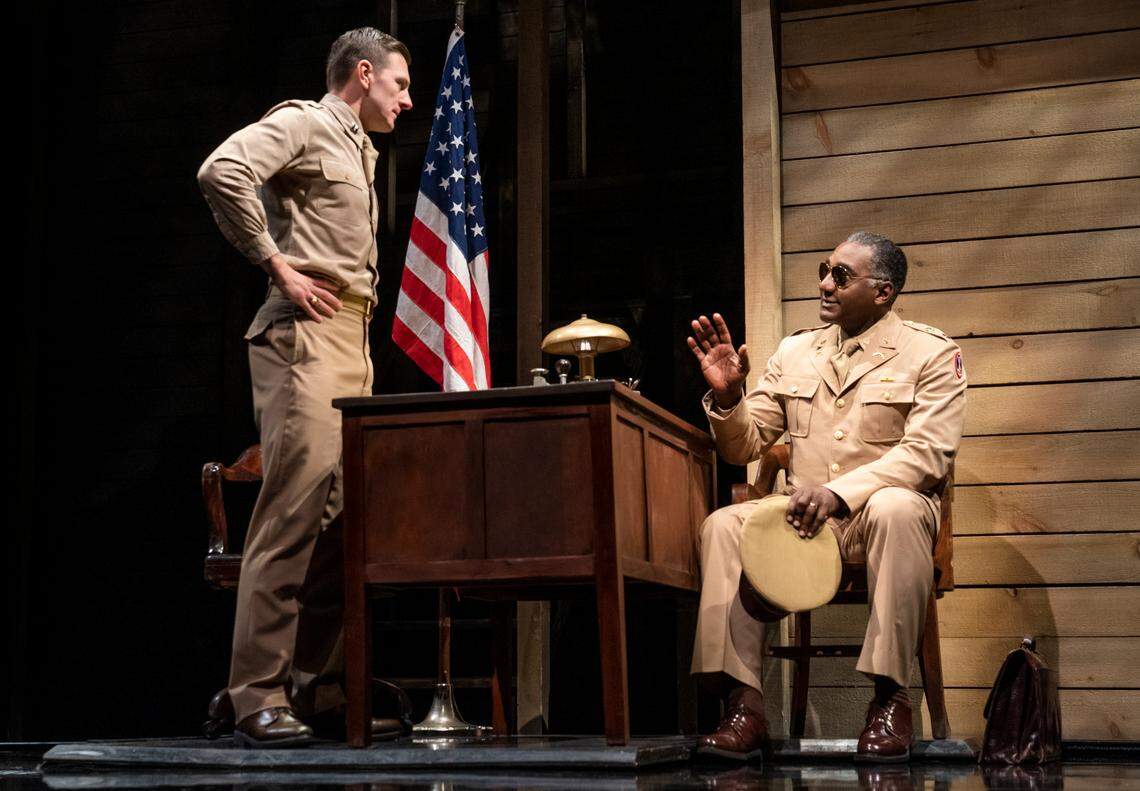 William Connell, left, as Captain Charles Taylor, and Norm Lewis as Captain Richard Davenport in the national tour of “A Soldier’s Play,” now at Knight Theater.
