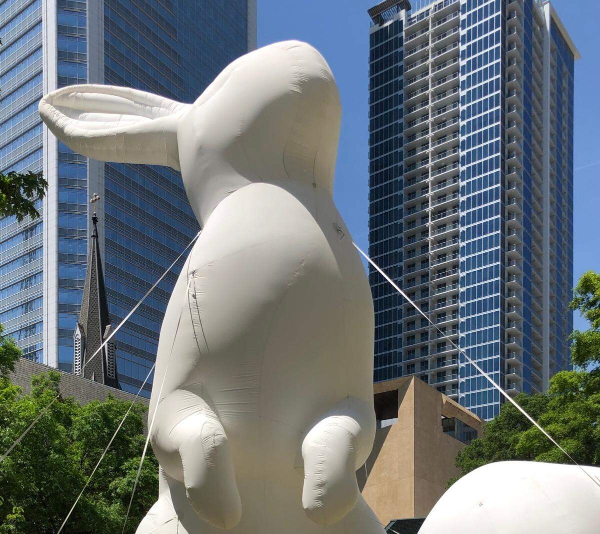 Large, inflatable bunnies on The Green in uptown were part of Charlotte SHOUTS! in 2019. This year’s event was postponed a year because of concerns over the novel coronavirus.