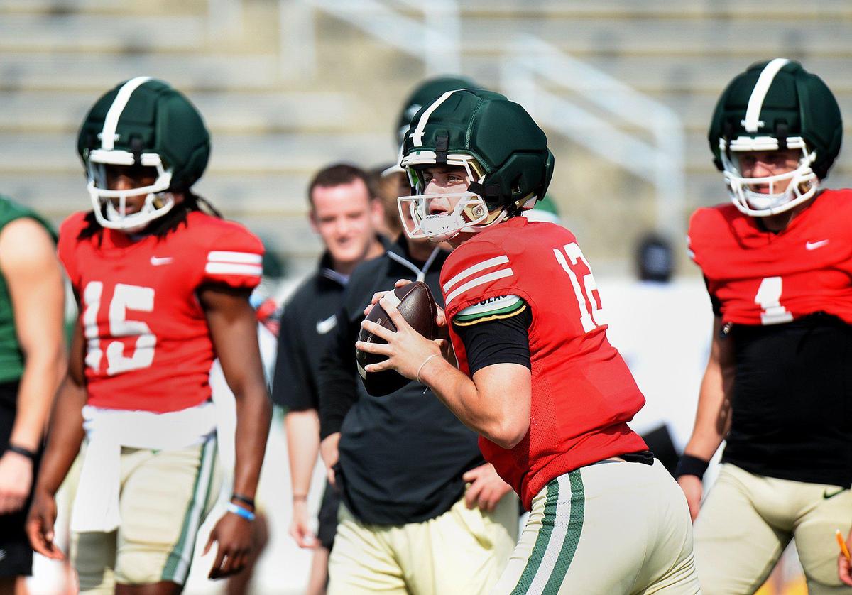 Charlotte 49ers quarterback Grayson Loftis (12) during a practice in front of fans at Richardson Stadium on Saturday, April 19, 2025.