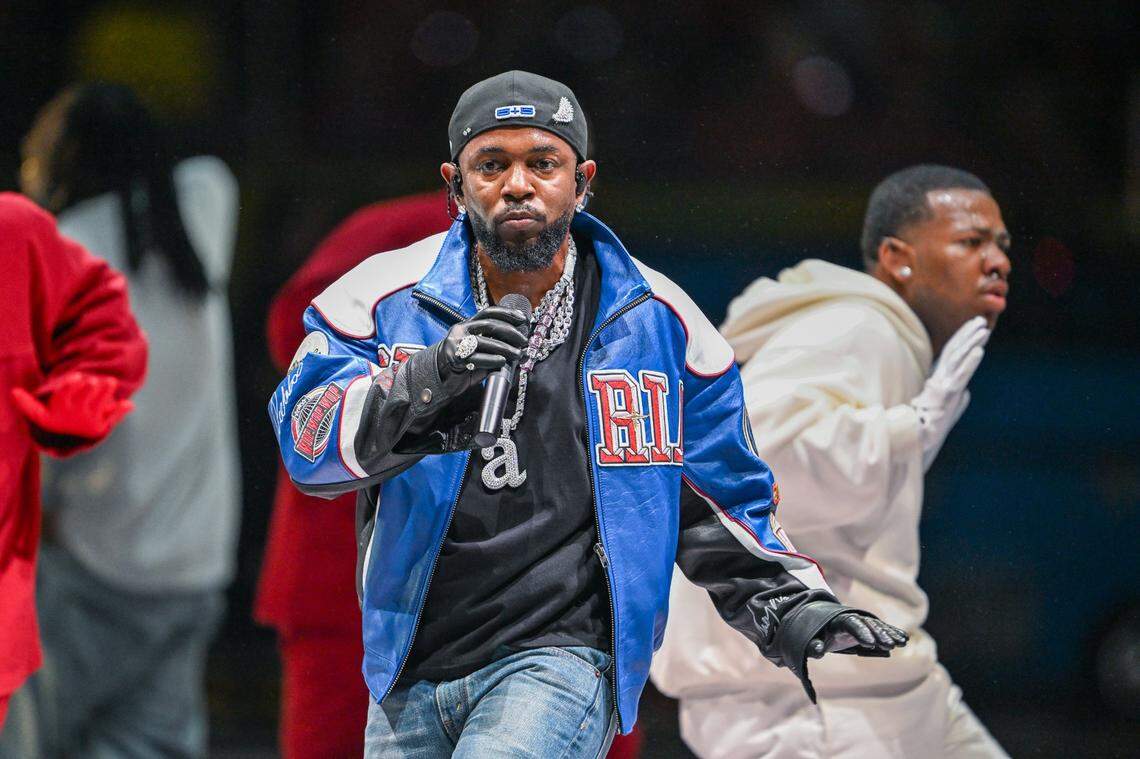Kendrick Lamar performs in the halftime show during Super Bowl LIX on Sunday, Feb. 9, 2025, in New Orleans.