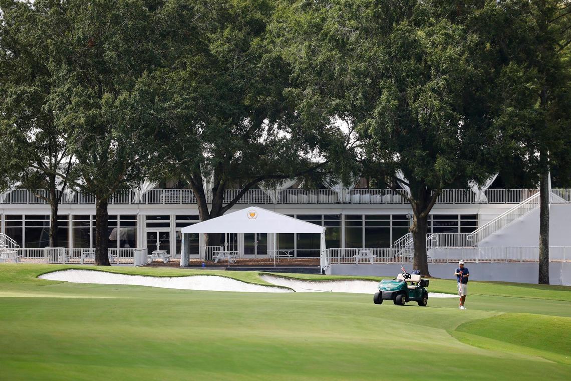 Jason Aquino, of Bethesda, Md., performs a course check near the first green at Quail Hollow Club in Charlotte, N.C., Friday, Sept. 9, 2022.