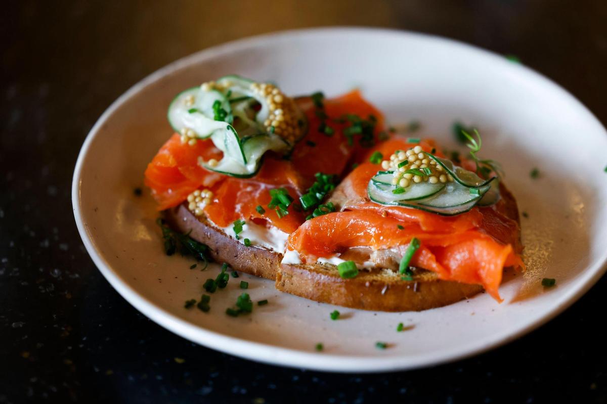 The Roestbrot made with smoked trout, marinated cucumber, picked mustard seeds, sour cream dill, fresh grated horseradish and served on toasted German bread at Gilde Brewery in Charlotte, N.C. Thursday, March 10, 2022.
