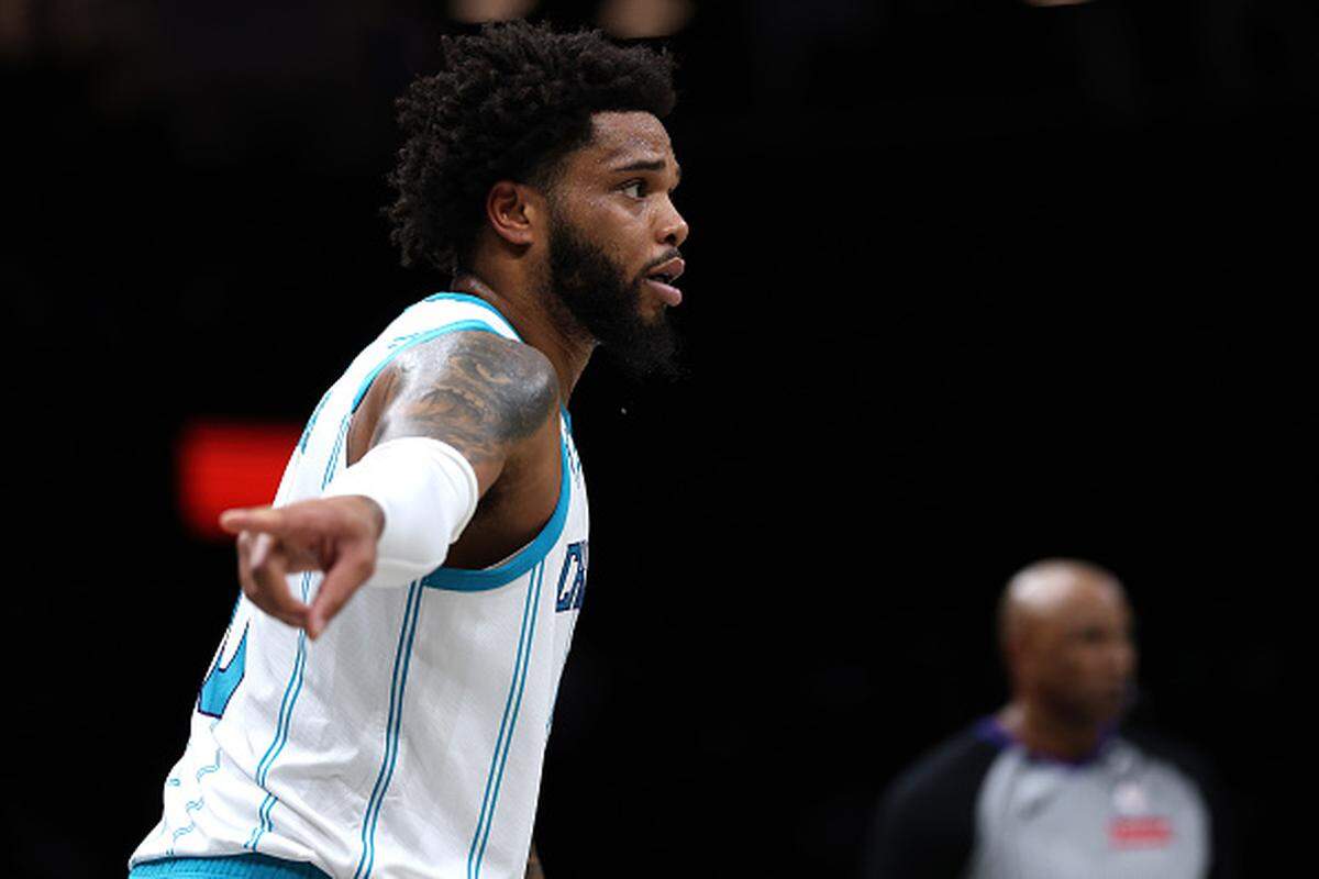 Miles Bridges of the Charlotte Hornets gestures.