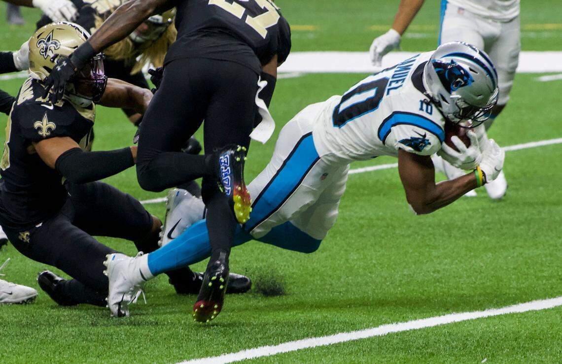 Carolina Panthers wide receiver Curtis Samuel (10) scores a touchdown against the New Orleans defense in fourth quarter at the Mercedes-Benz Superdome on Sunday, October 25, 2020, in New Orleans.