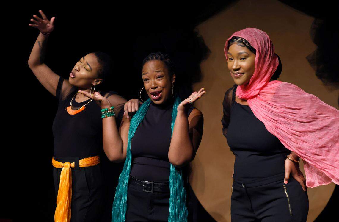 Cailin Harrison, left, Kashara Hall, center and Michelle Washington, in Three Bone Theatre’s production of “The Glorious World of Crowns, Kinks and Curls.” Playwright Keli Goff shows “the ups and downs in the beautiful struggle that is Black hair,” director Tina Kelly said, creating a complete story arc through the monologues.