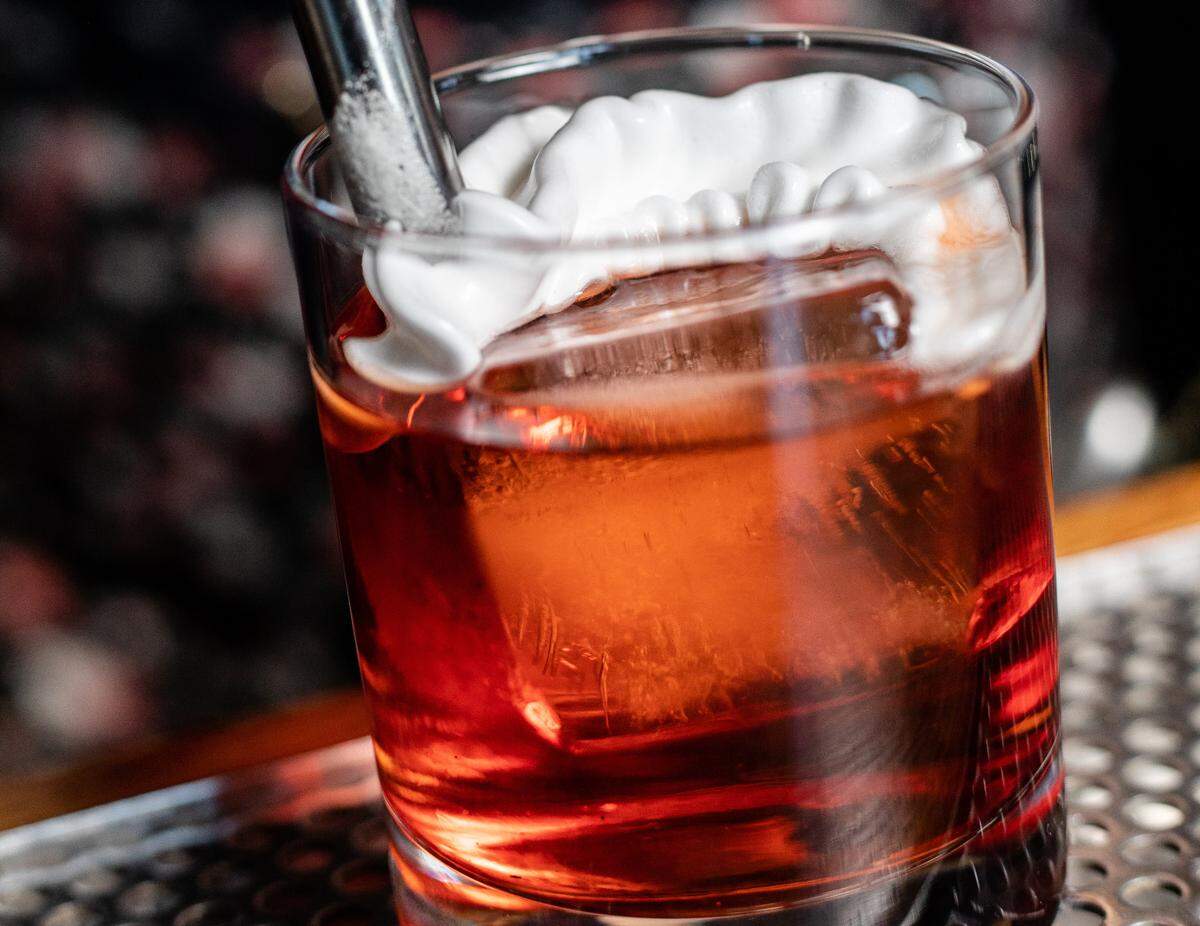 Kayleigh Williams-Brown’s The Beautiful Girls cocktail at Leah & Louise includes Mt. Gay Eclipse rum, Satsuma-infused Campari, Antica sweet vermouth and salted citrus foam.