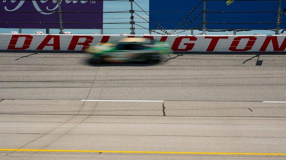 The Darlington banner between turns one and two during practice and qualifying at Darlington Raceway on Saturday, April 5, 2025.