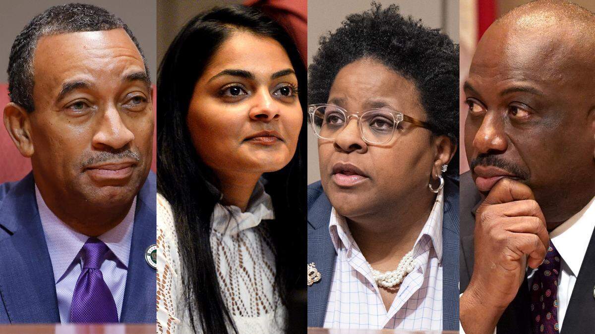Polls conducted just weeks before Mayor Vi Lyles announced she will resign at the end of June asked voters how they felt about the mayor and several council members whose names are in the mix to succeed her. Mayor Pro Tem James Mitchell, far left, at-large City Council member Dimple Ajmera, second from left, District 1 City Council member Dante Anderson, seconf from right, and District 2 City Council member Malcolm Graham, far right.