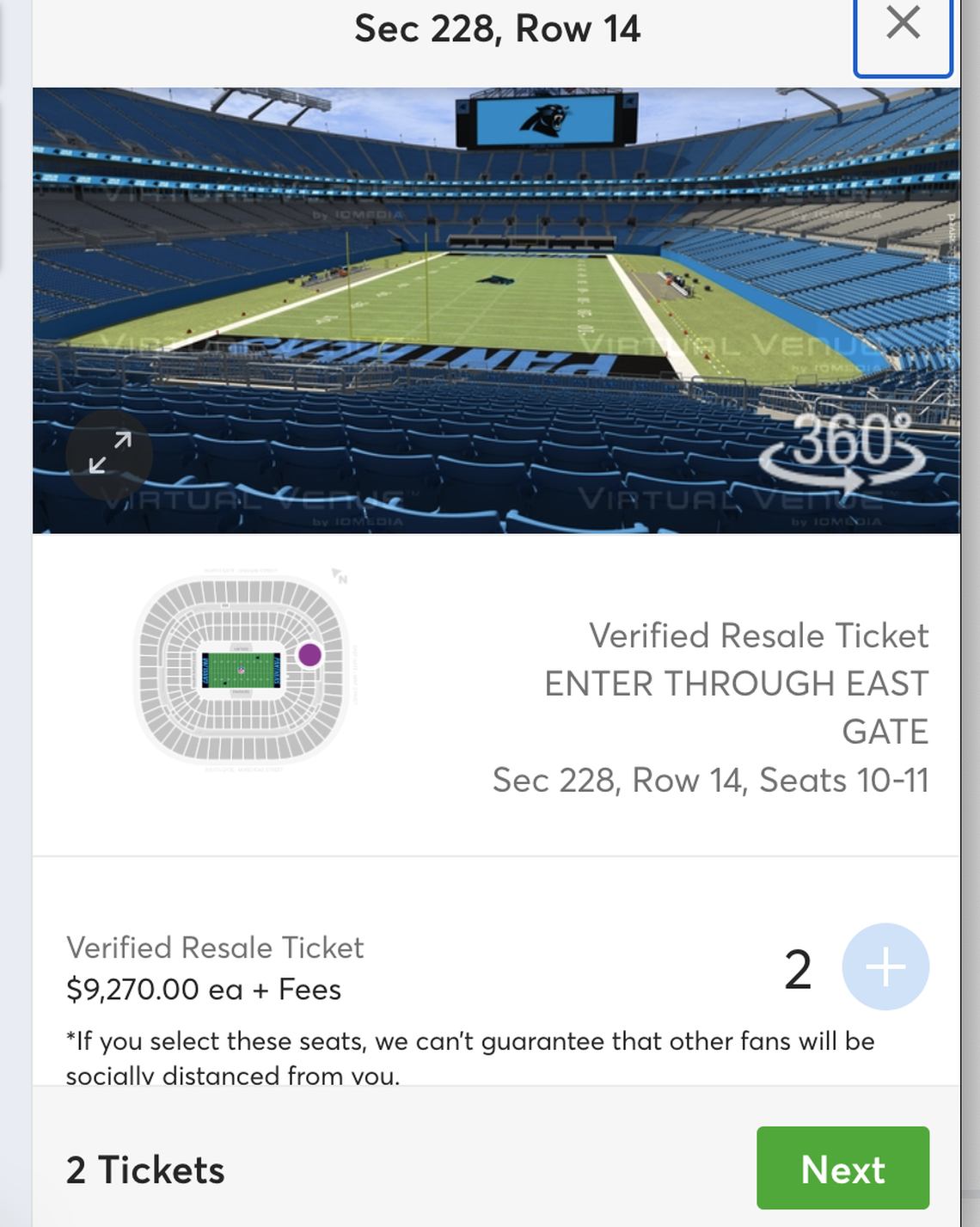 A pair of tickets for Sunday’s Cardinals-Panthers game going for $9,270 each through online ticket reseller Ticketmaster.