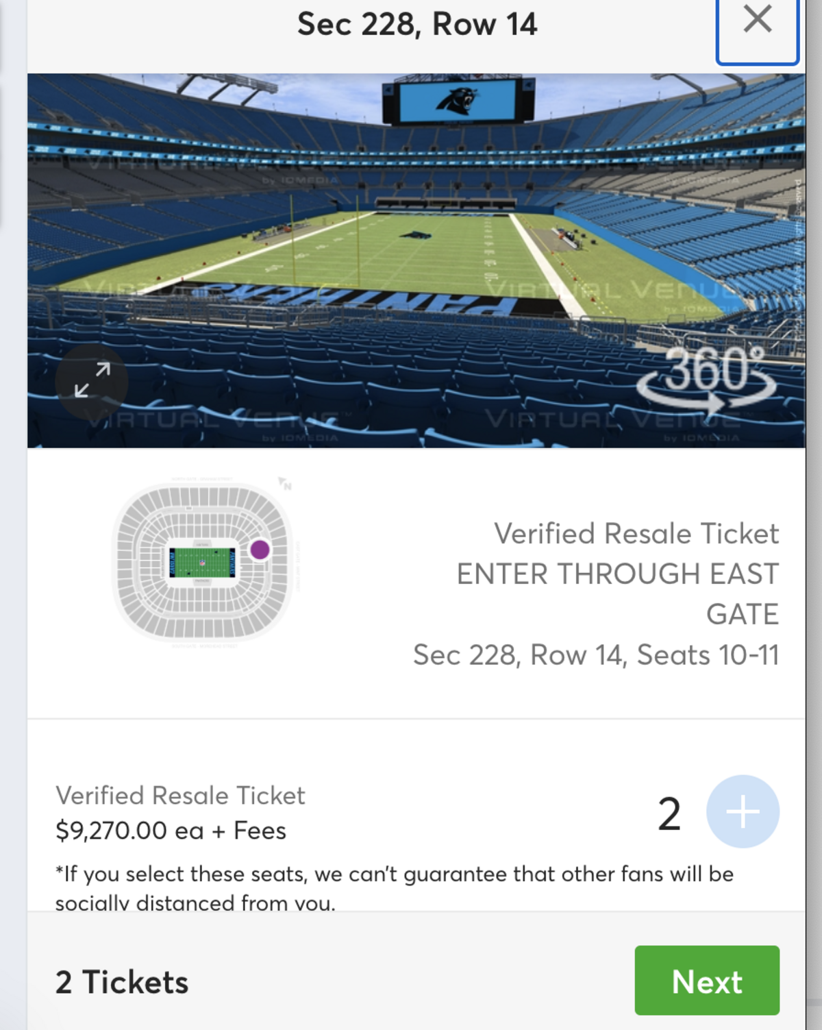 A pair of tickets for Sunday’s Cardinals-Panthers game going for $9,270 each through online ticket reseller Ticketmaster.
