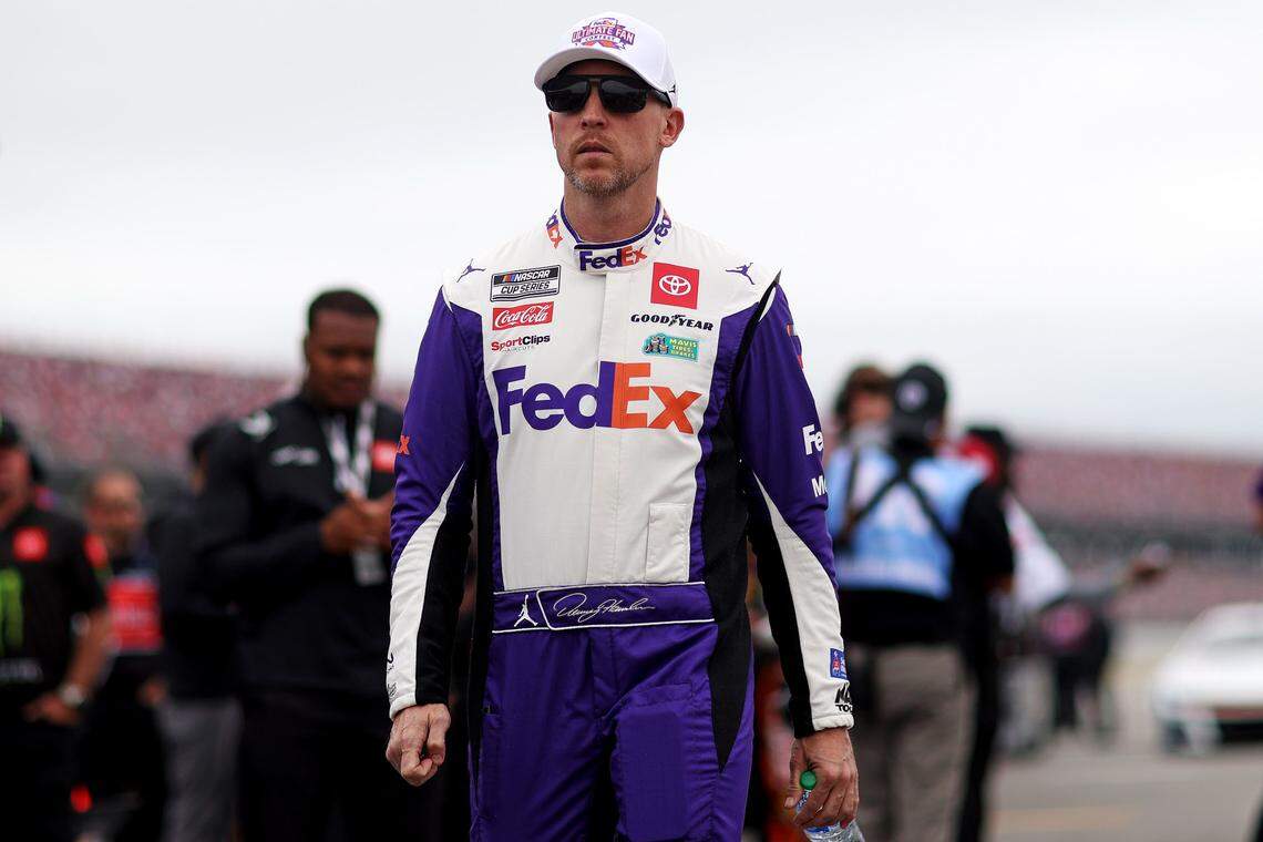 Apr 20, 2024; Talladega, Alabama, USA; NASCAR Cup Series driver Denny Hamlin (11) during the GEICO 500 qualifying at Talladega Superspeedway.