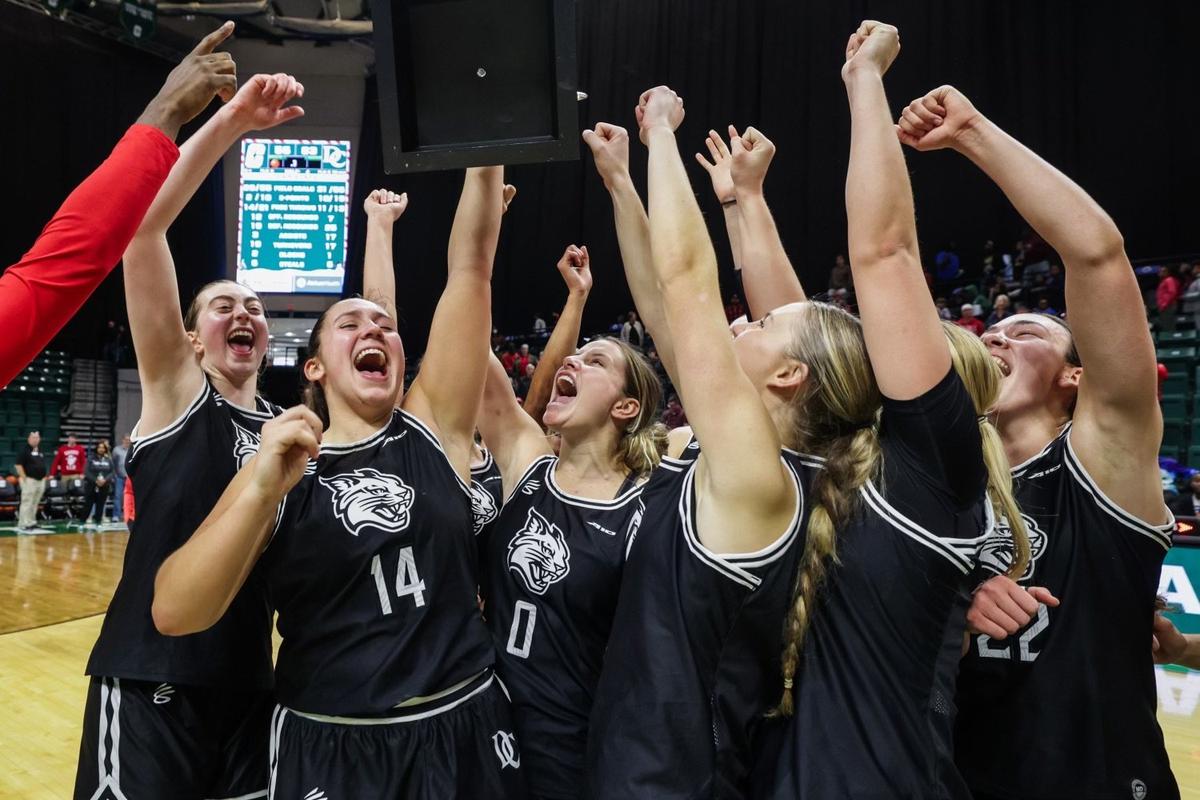 Davidson women’s basketball celebrates a victory over UNC-Charlotte,their ninth win in a row and the best start to a season in the program’s history, at Halton Arena on Thursday, December 21, 2023.