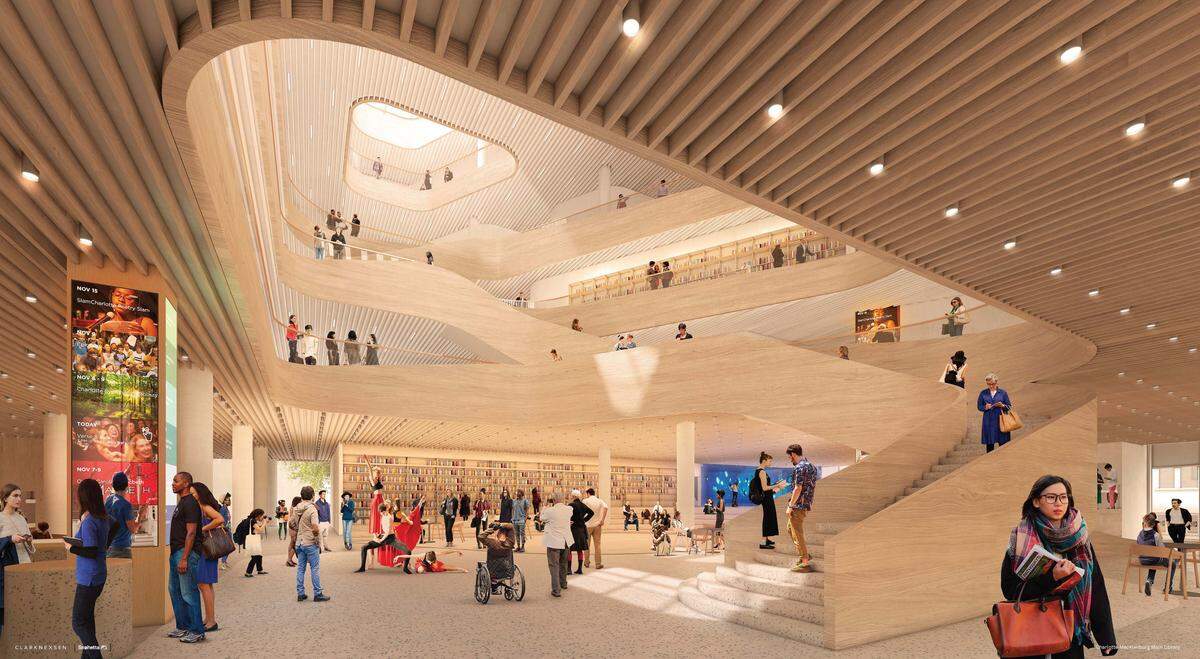 An architectural rendering released Thursday shows the core of the new Charlotte Mecklenburg Library main branch in the North Tryon cooridor.