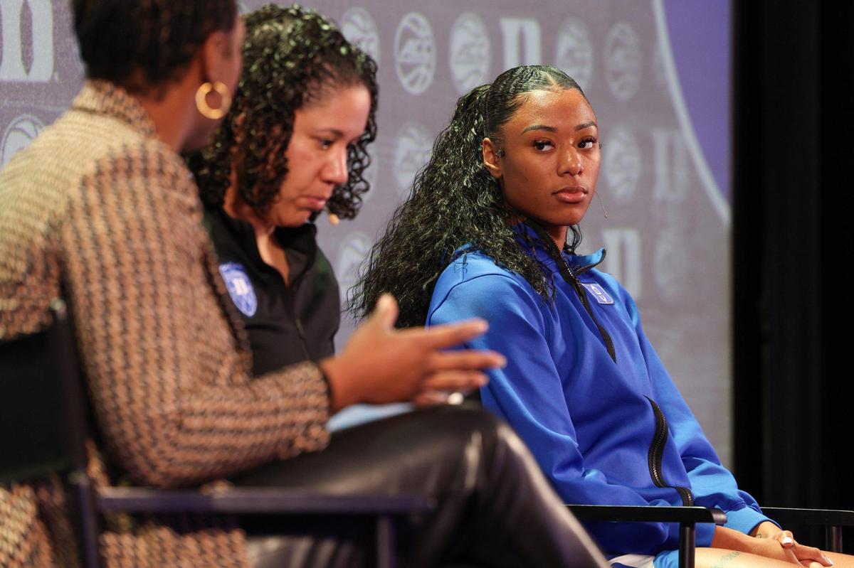 Duke’s Reigan Richardson, right, listens to a question while seated next to head coach Kara Lawson during the ACC Women’s Basketball Tipoff in Charlotte, NC on Tuesday, October 23, 2023.