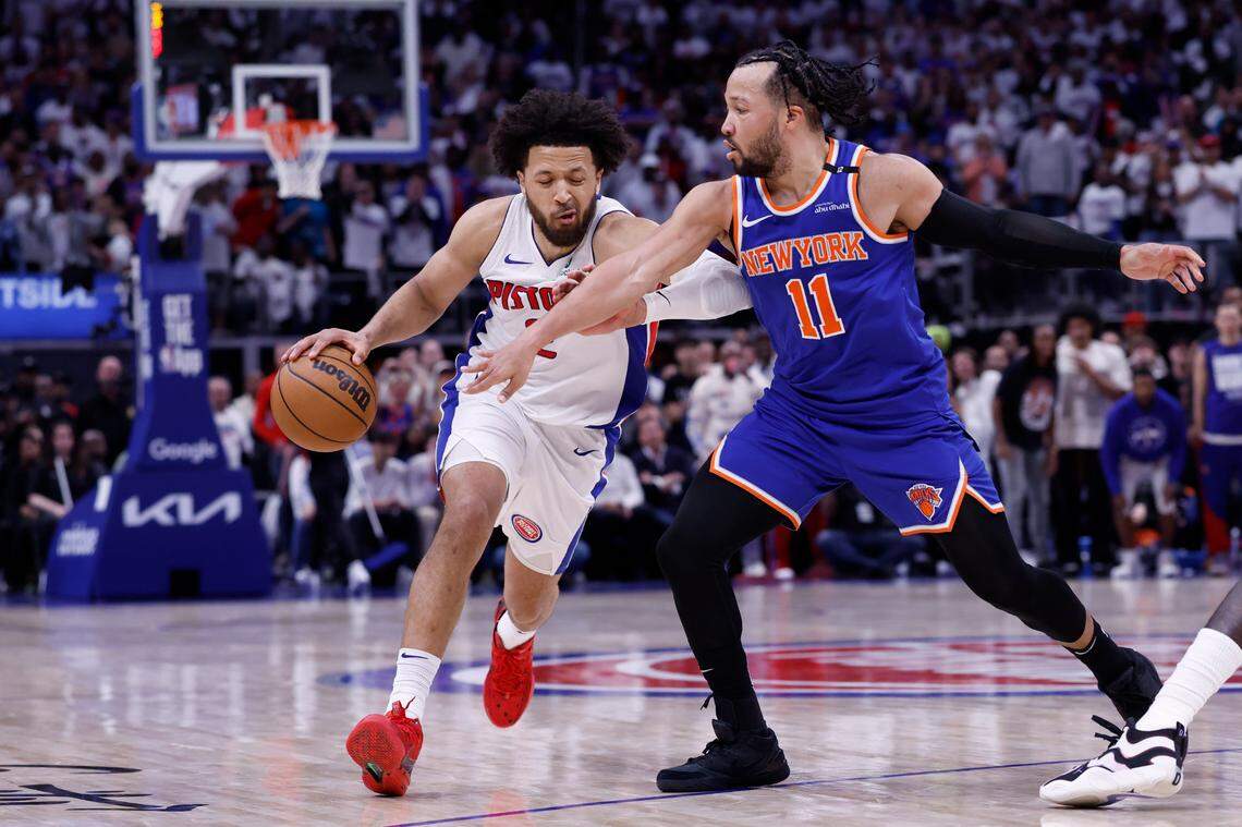 May 1, 2025; Detroit, Michigan, USA; Detroit Pistons guard Cade Cunningham (2) dribbles defended by New York Knicks guard Jalen Brunson (11) in the second half during game six of first round for the 2024 NBA Playoffs at Little Caesars Arena. Mandatory Credit: Rick Osentoski-Imagn Images
