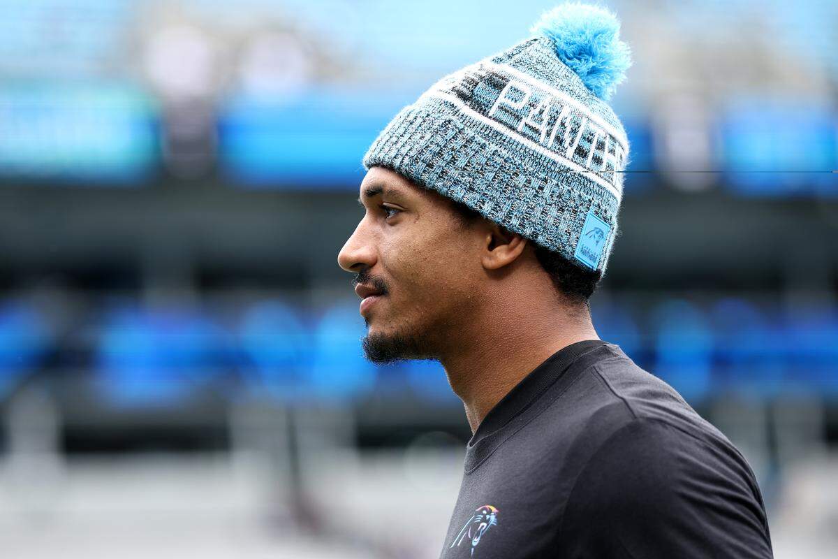 Carolina’s Chuba Hubbard warms up prior to the game against Dallas on Oct. 12, 2025 in Charlotte.
