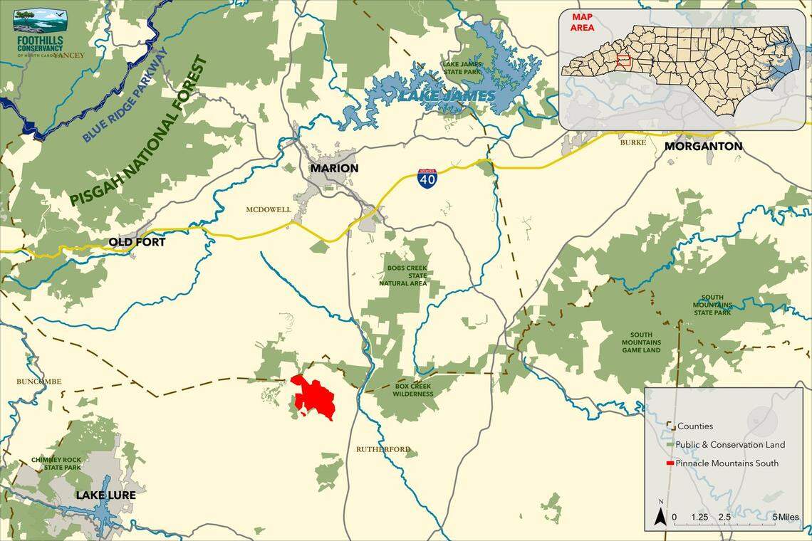 The block of mountain wilderness is south of Marion in Rutherford County, North Carolina.