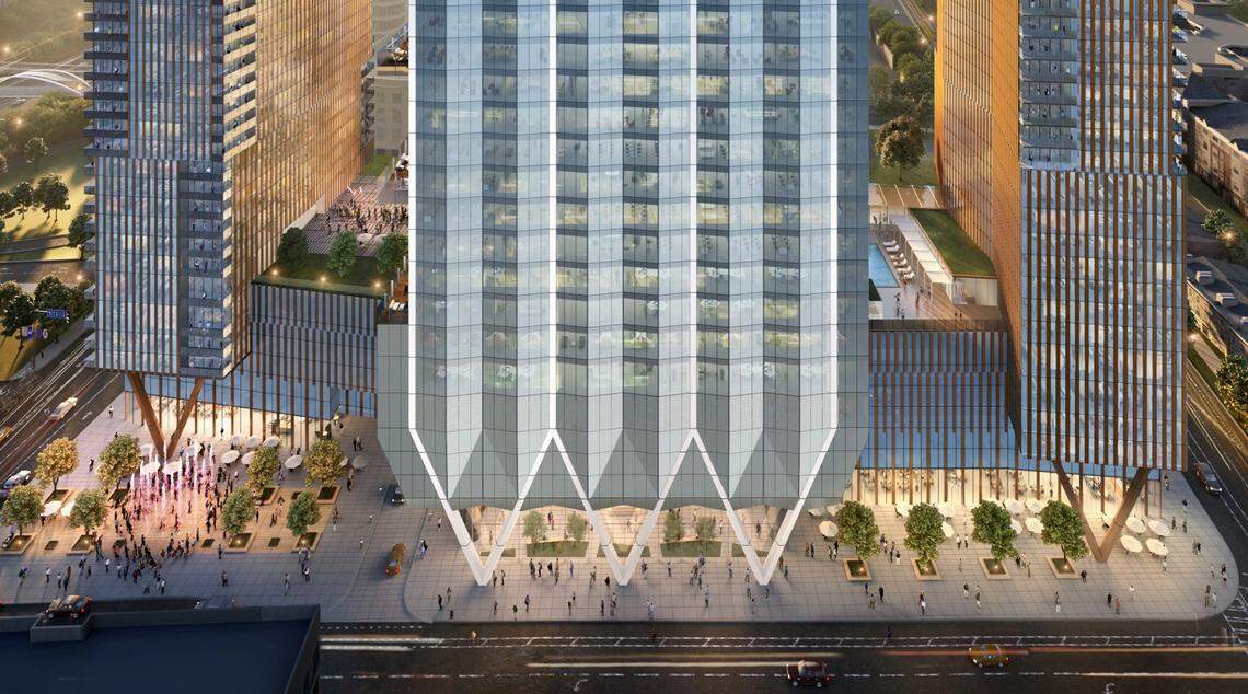 A Chicago developer released fresh renderings for a $750 million project to bring three buildings with a mix of commercial and residential uses to a prominent intersection leading from uptown to South End.