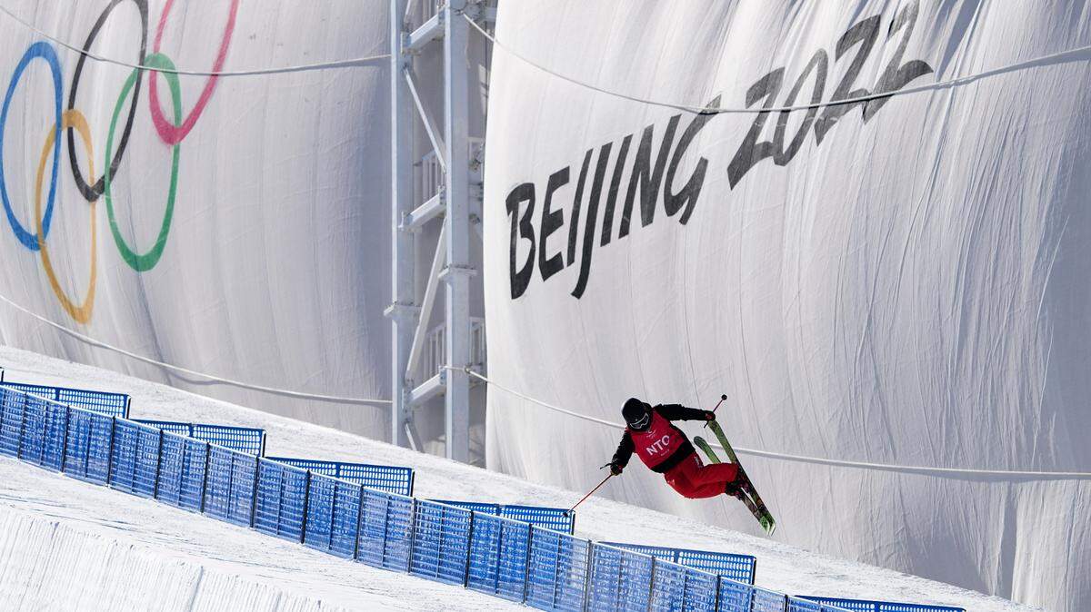 A skier trains on the half pipe in Zhangjiakou, China, ahead of the 2022 Winter Olympics, on Thursday, Jan. 27, 2022.
