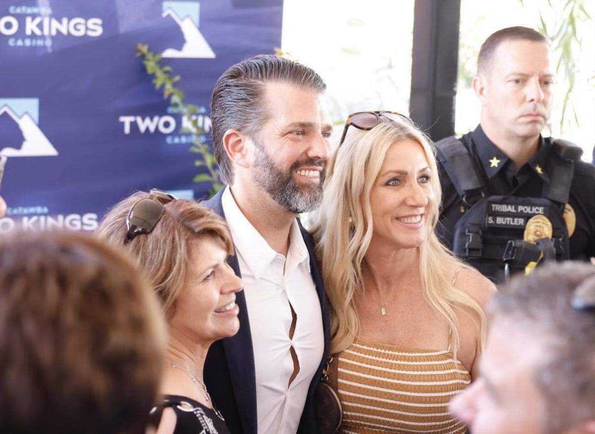 Donald Trump Jr. poses for photos in June 2024 in Kings Mountain, N.C., where he was attending a groundbreaking for a $700 million Catawba Indian Nation casino.