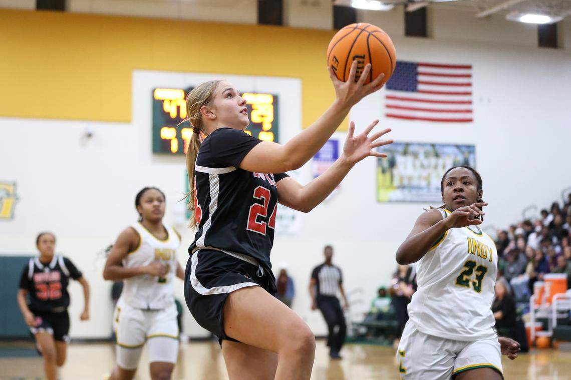 Butler Bulldogs junior Charlotte Hasson (24) goes for a lay up against the Independence Patriots during a girls basketball game at Independence High School in Charlotte, NC on January 19, 2024.
