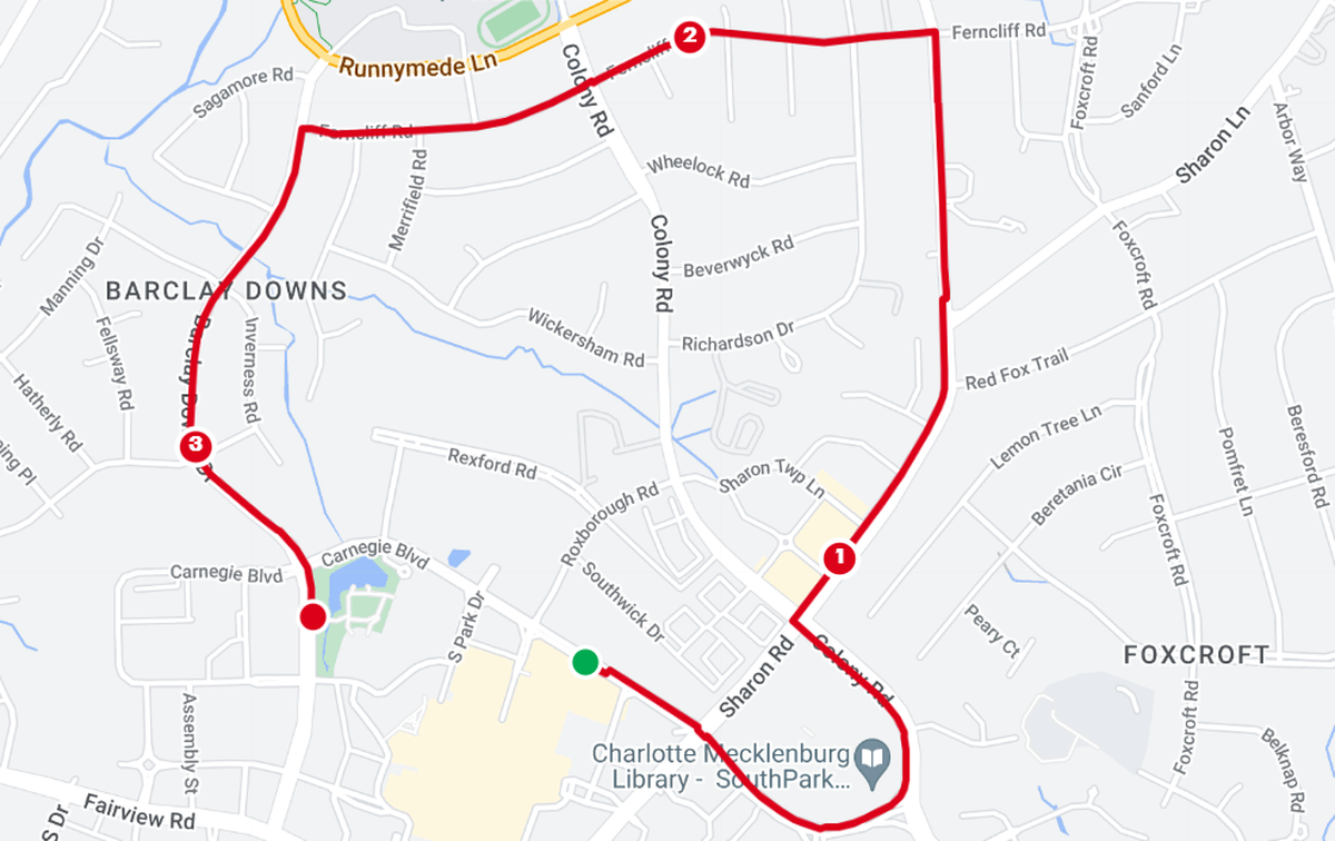 The route for the 2023 Charlotte Turkey Trot 5K race.