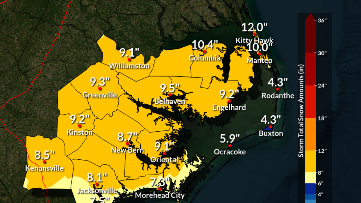 This weather forecast graphic from the National Weather Service in Newport/Morehead City, NC, issued on January 30, 2026, details expected snow accumulation for a winter storm valid through February 2, 2026. A map of eastern North Carolina uses color-coding to show predicted snowfall totals, with the heaviest amounts of 8 to 12 inches forecast for inland areas like Williamston, Greenville, and Columbia.