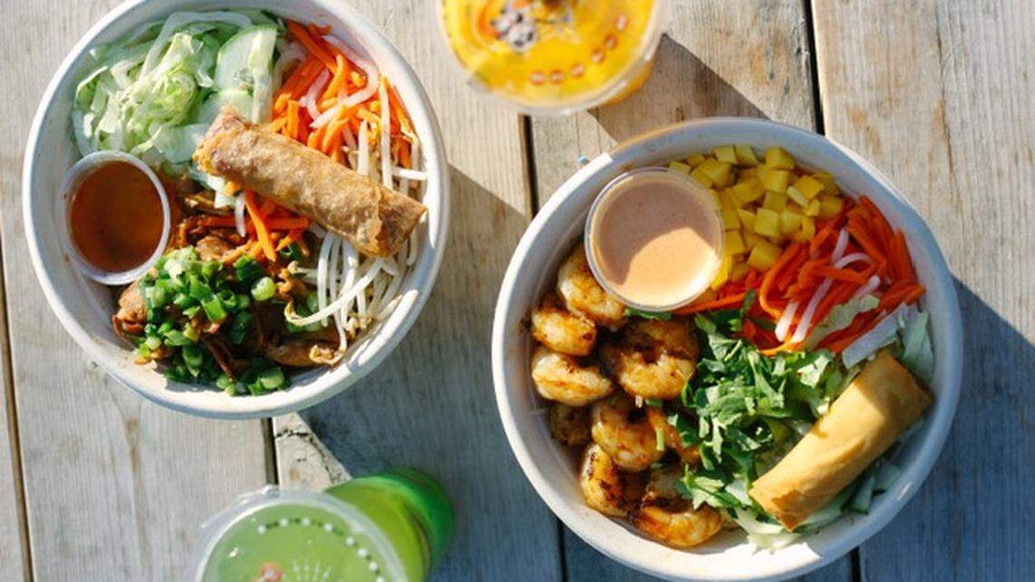 Shrimp and Lemongrass Pork Vermicelli Bowls can be customized to a customer’s preference using the build-your-own option at Cilantro Noodle.