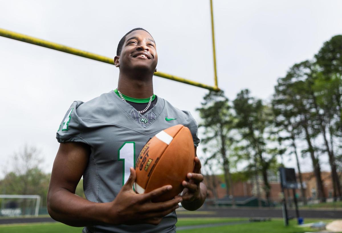 Myers Park football player, Rodney Dunham, poses for a portrait at Myers Park High School in Charlotte, N.C., on Thursday, April 3, 2025. Rodney went from non-recruited to top a 10 national recruit in about a year.