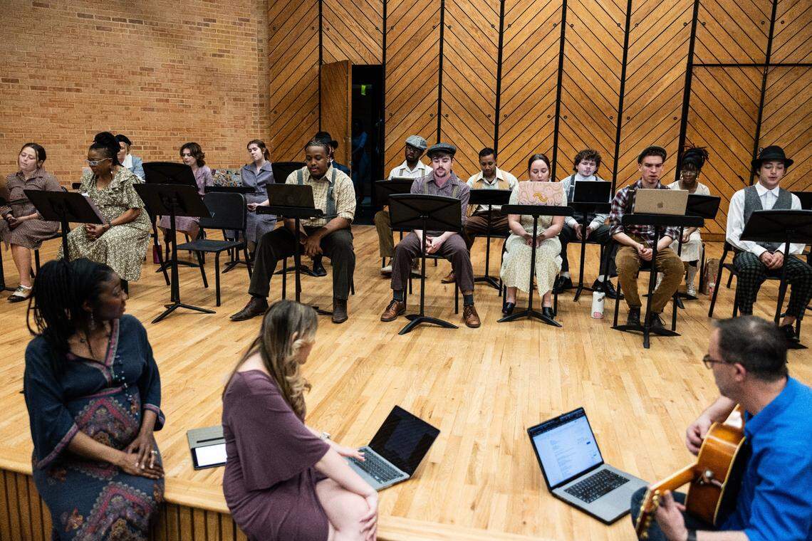 UNC Charlotte students rehearse for “Threads.” The project has given them the opportunity to delve into local history.