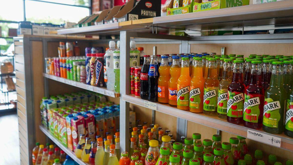 At Zygma, an array of soft drinks and juices line the shelves.