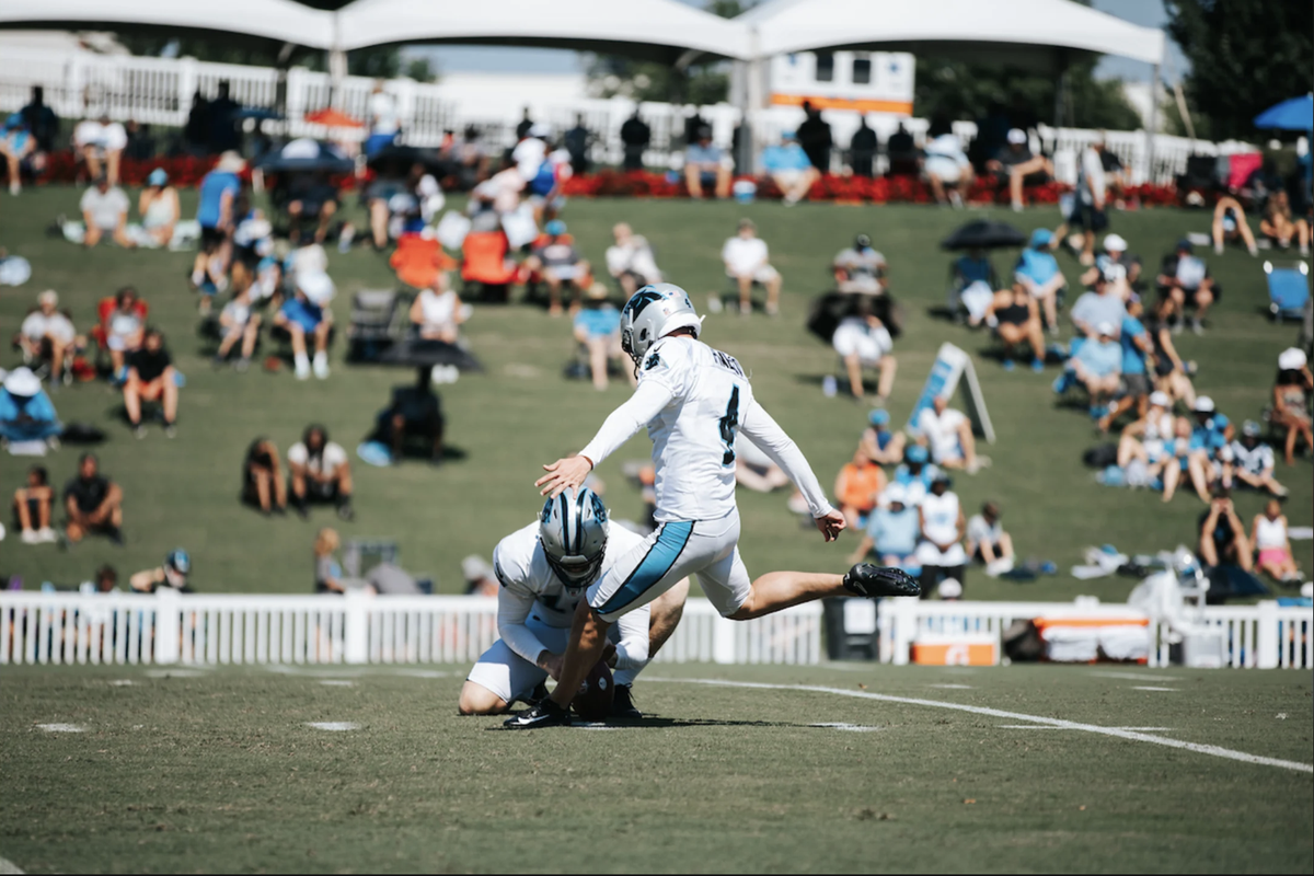 Eddy Piñeiro kicks a field goal at Panthers training camp in Spartanburg, S.C., on July 31, 2023.