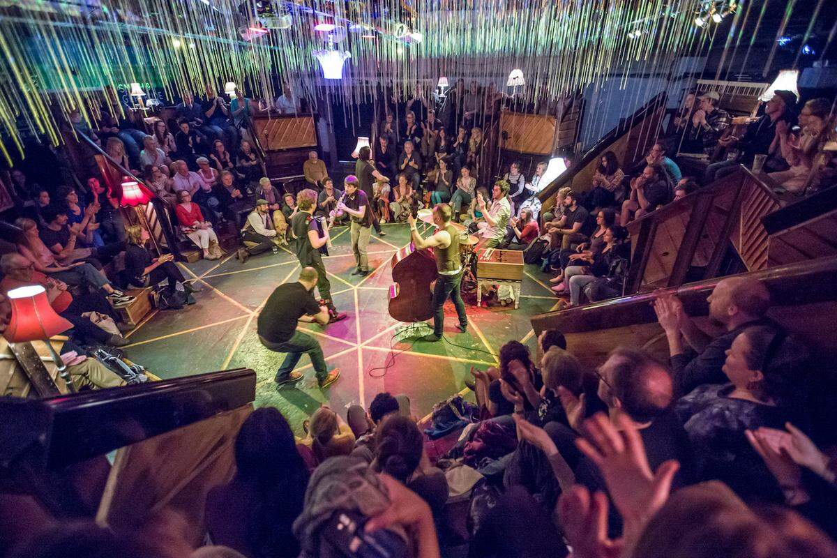 Pianodrome directors Tim Vincent-Smith and Matt Wright perform with their band S!nk in the original ‘”Grand Pianodrome” at The Pitt, Leith during the Edinburgh Festival Fringe in 2019.