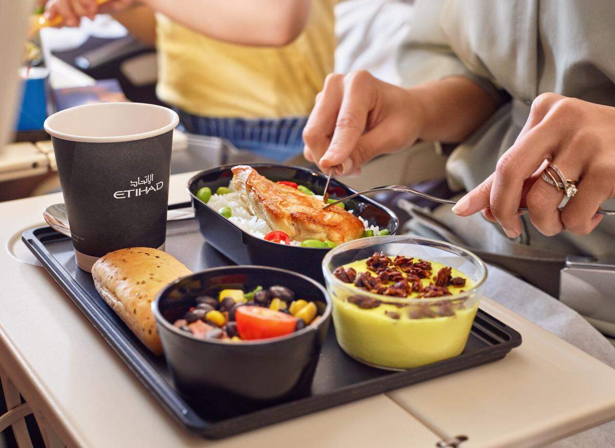 Etihad Airways offers a variety of meals for passengers. The airline is launching service between Charlotte and Abu Dhabi in the spring.