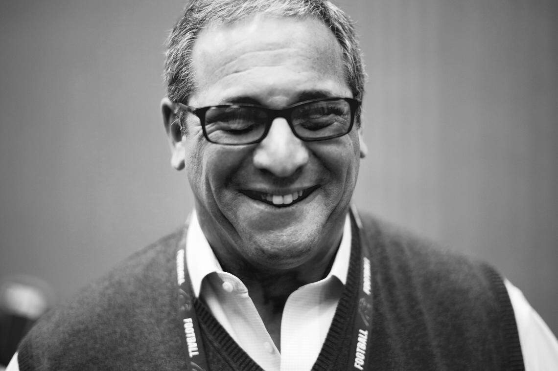 Panthers general manager Dave Gettleman in 2015. Gettleman was a proponent of what he called “hog mollies,” the large offensive and defensive linemen that he contended must anchor every great football team. “Big men allow you to compete,” he liked to say. He was the Panthers’ general manager for all three consecutive NFC South championships from 2013-15.