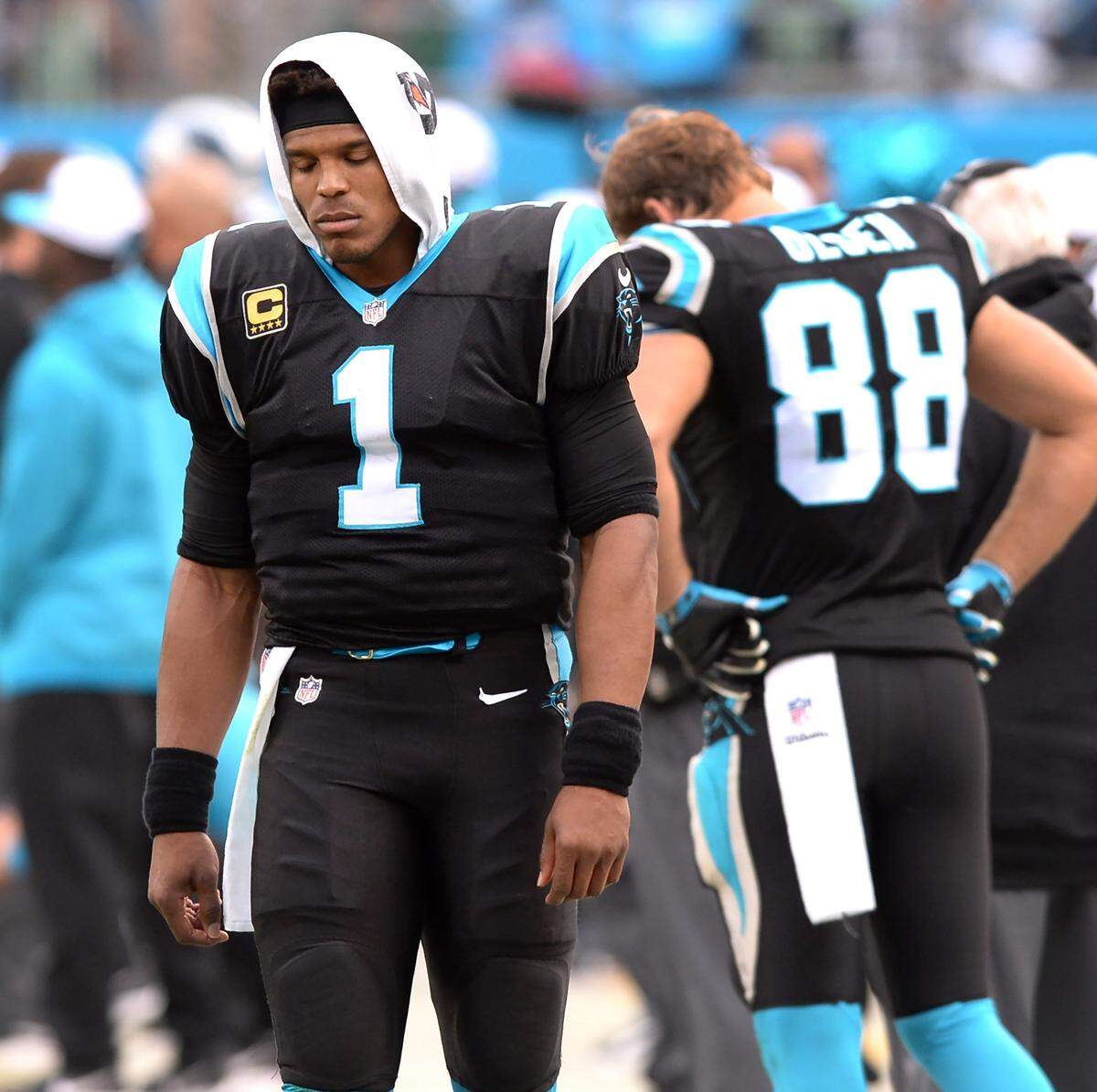 Carolina Panthers quarterback Cam Newton (1) and tight end Greg Olsen (88) both are heavily featured in “All or Nothing,” with each of their injury problems in the 2018 season thoroughly documented.