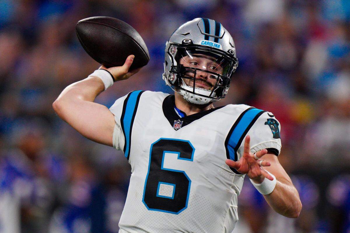 Carolina Panthers quarterback Baker Mayfield threw two TD passes in the first four series of the game, staking Carolina to a 14-0 lead.