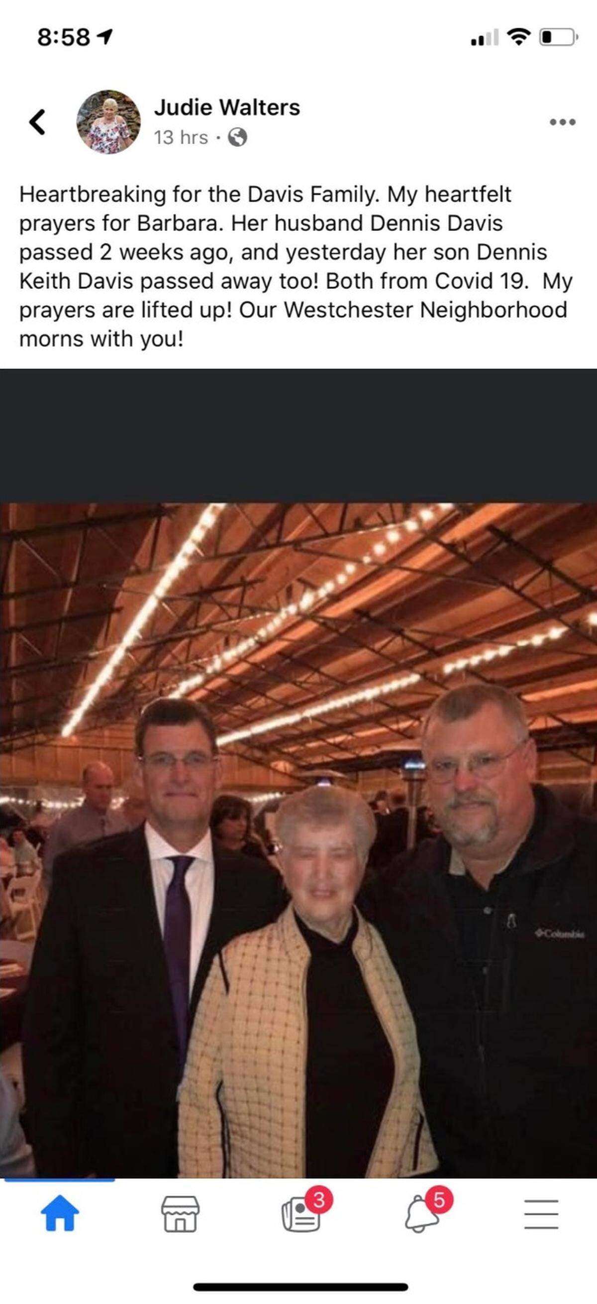 Judie Walters of Charlotte’s Westchester neighborhood posted this photo on Facebook of former neighbors Barbara and Dennis Craven Davis and their son Keith. “My heartfelt prayers for Barbara ... My prayers are lifted up!” Walters wrote. “Our Westchester Neighborhood mourns with you.”