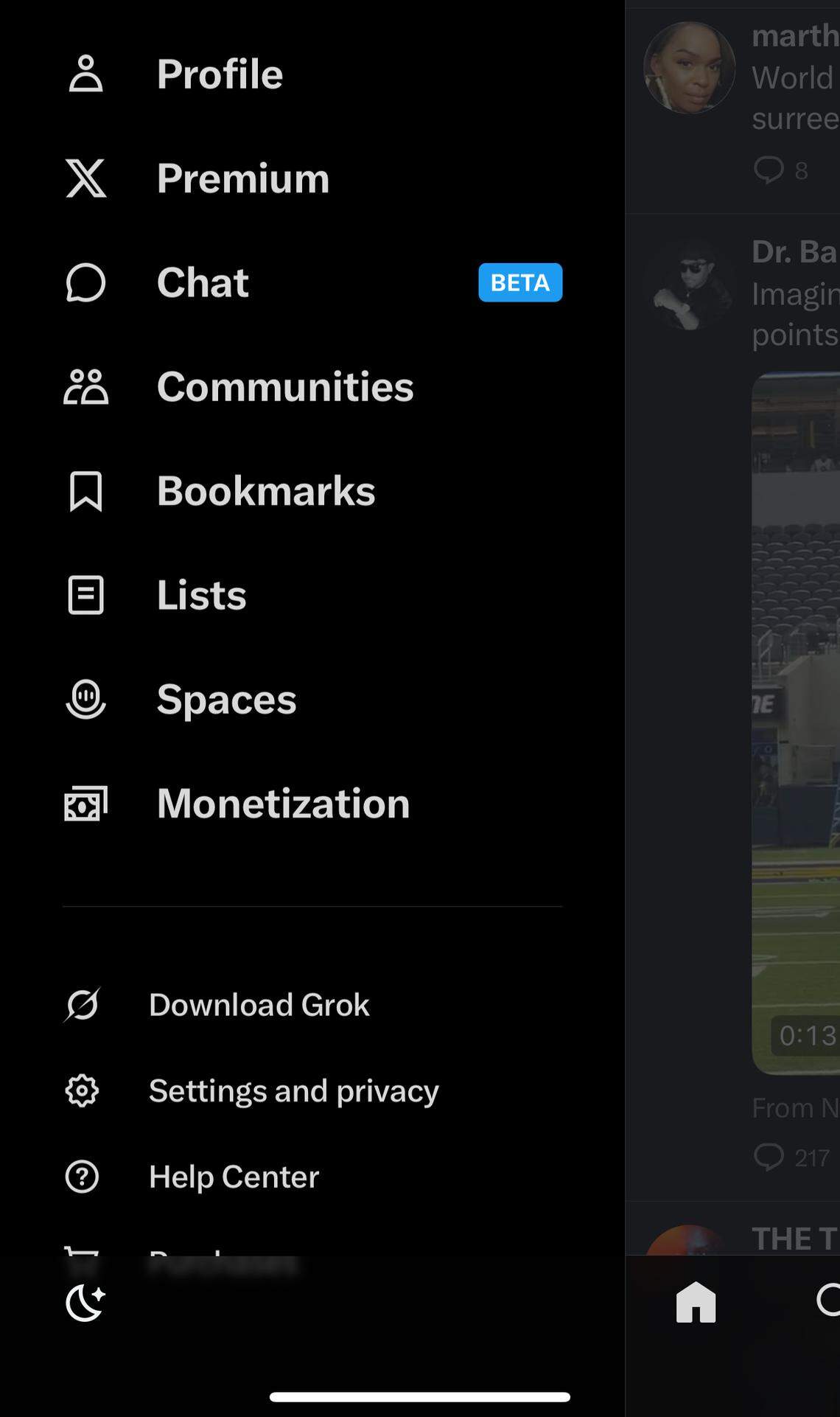 This screenshot shows the “More” menu on the X app.