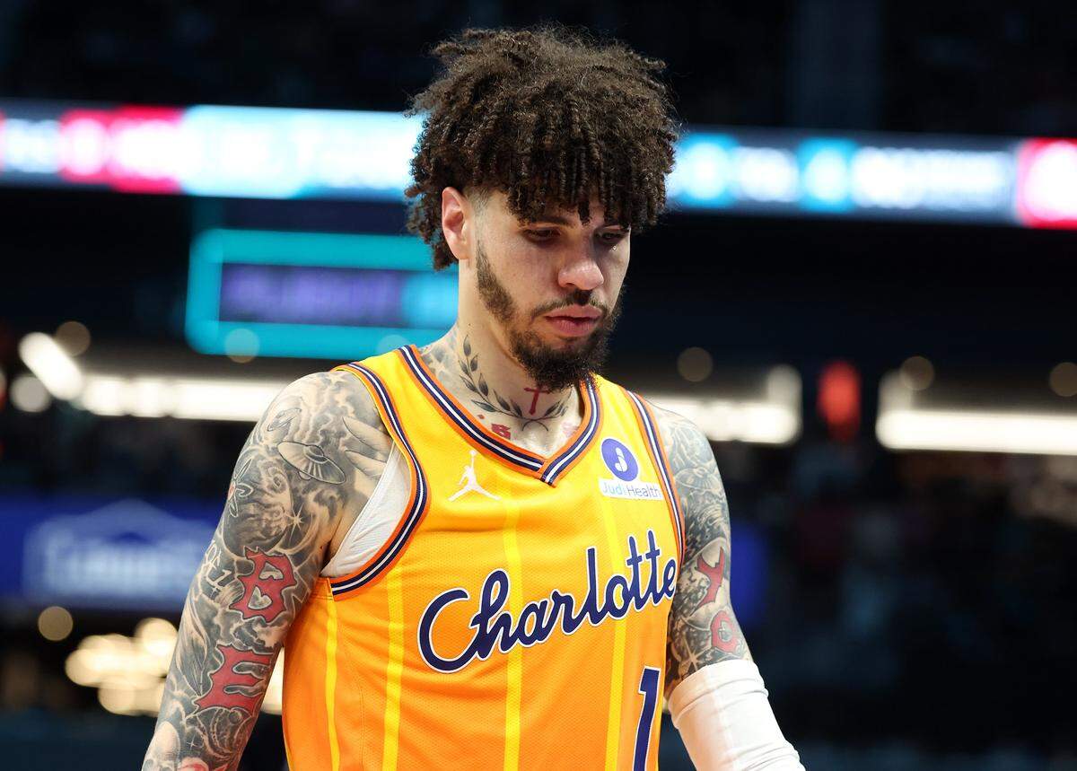 Charlotte Hornets guard LaMelo Ball walks across the court during action against the Houston Rockets at Spectrum Center in Charlotte, North Carolina, on Feb. 19, 2026. 