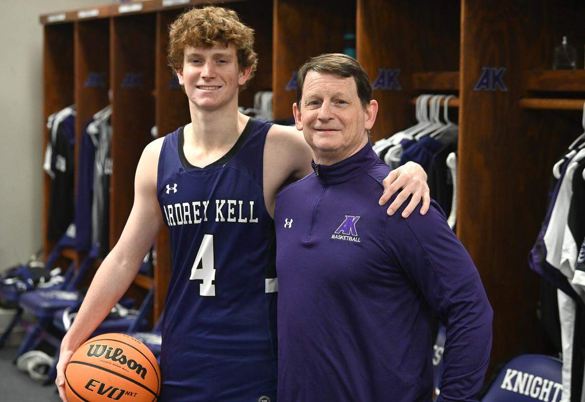 Ardrey Kell Knights point guard Matthew Craft, left and head coach Mike Craft, right, on Monday, Jan. 19, 2026. Coach Craft recently won his 350th game with a 61-35 victory over Rocky River.