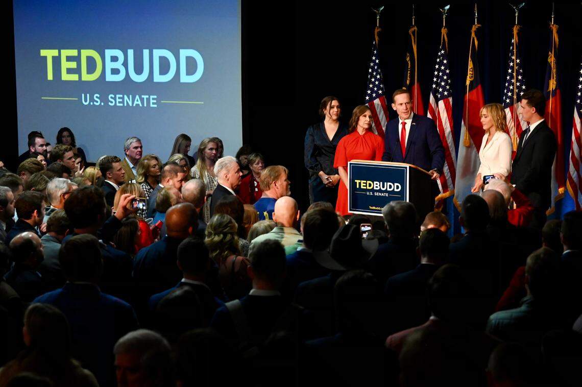 Rep. Ted Budd speaks to supporters following his victory for the U.S. Senate over Cheri Beasley on Tuesday, November 8, 2022