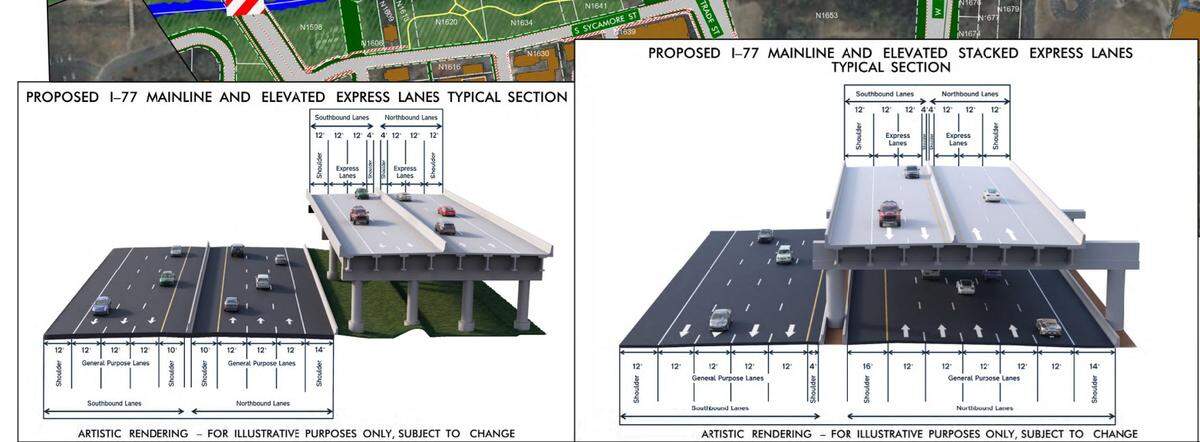 A proposed rendering of how elevated toll lanes would look like for North Carolina Department of Transportation’s I-77 South Express Lanes project. The project would widen the highway and add toll lanes to an 11-mile stretch between the Brookshire Freeway exit to the South Carolina border.