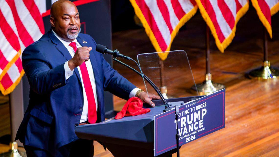 NC Lt. Gov. Mark Robinson, the Republican nominee for governor, speaks at former President Donald Trump’s campaign rally in Asheville on Wednesday.