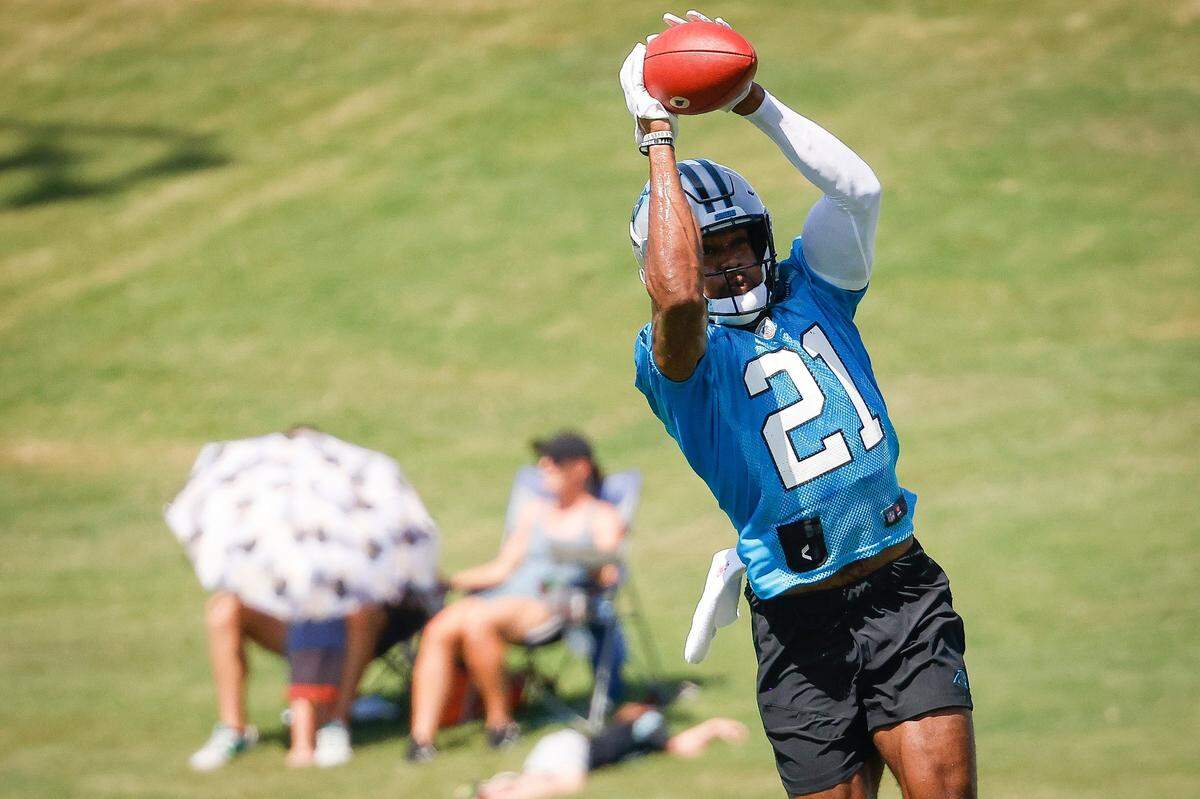 Carolina Panthers safety Jeremy Chinn (21) catches a pass during the teams training camp practice at Wofford College in Spartanburg, S.C., Thursday, July 28, 2022.