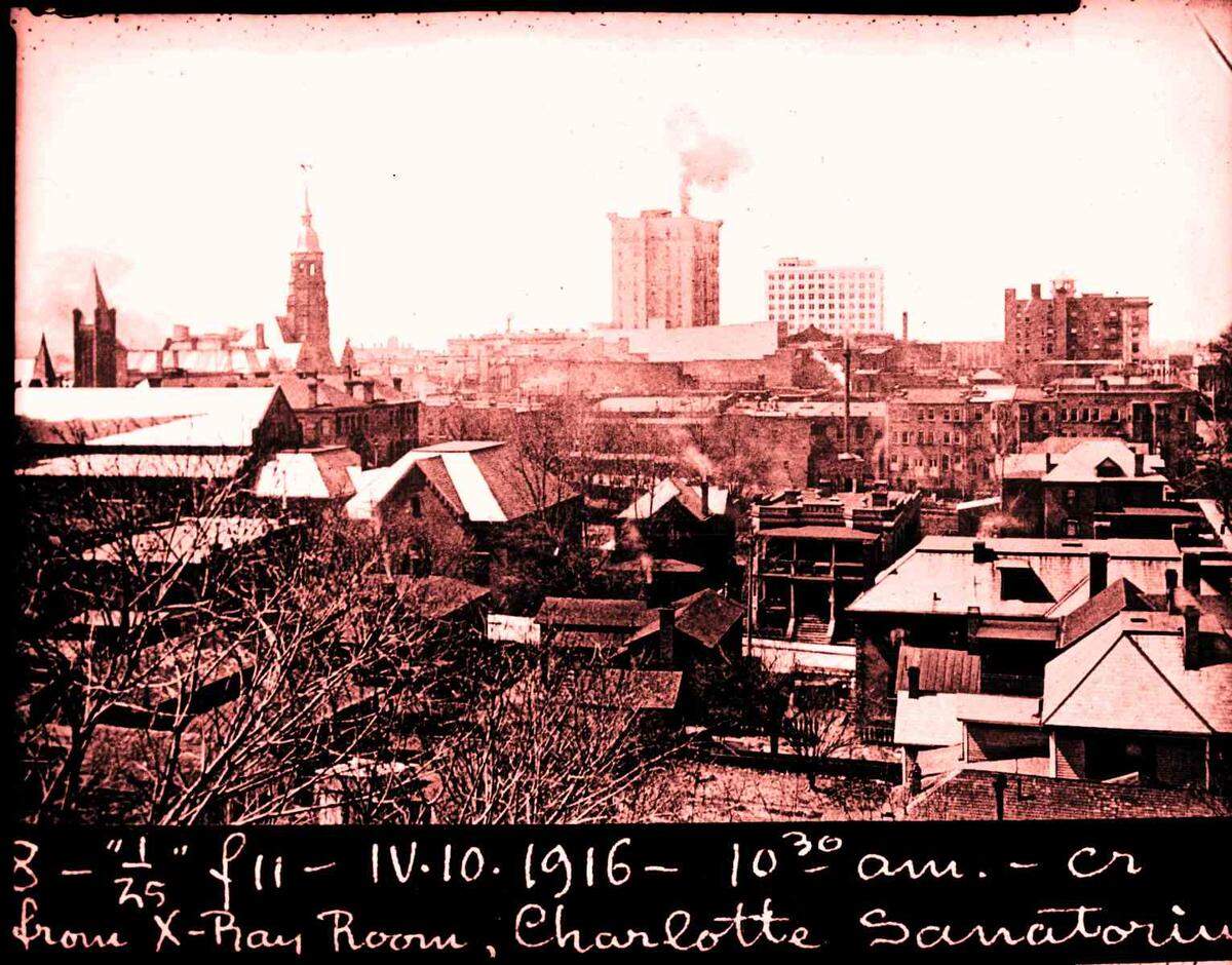 This circa 1915 photograph of Charlotte’s skyline shows the spire of City Hall in the background. City Hall was the tallest building in Charlotte when constructed in 1891, according to Dan Morrill of Preserve Mecklenburg.