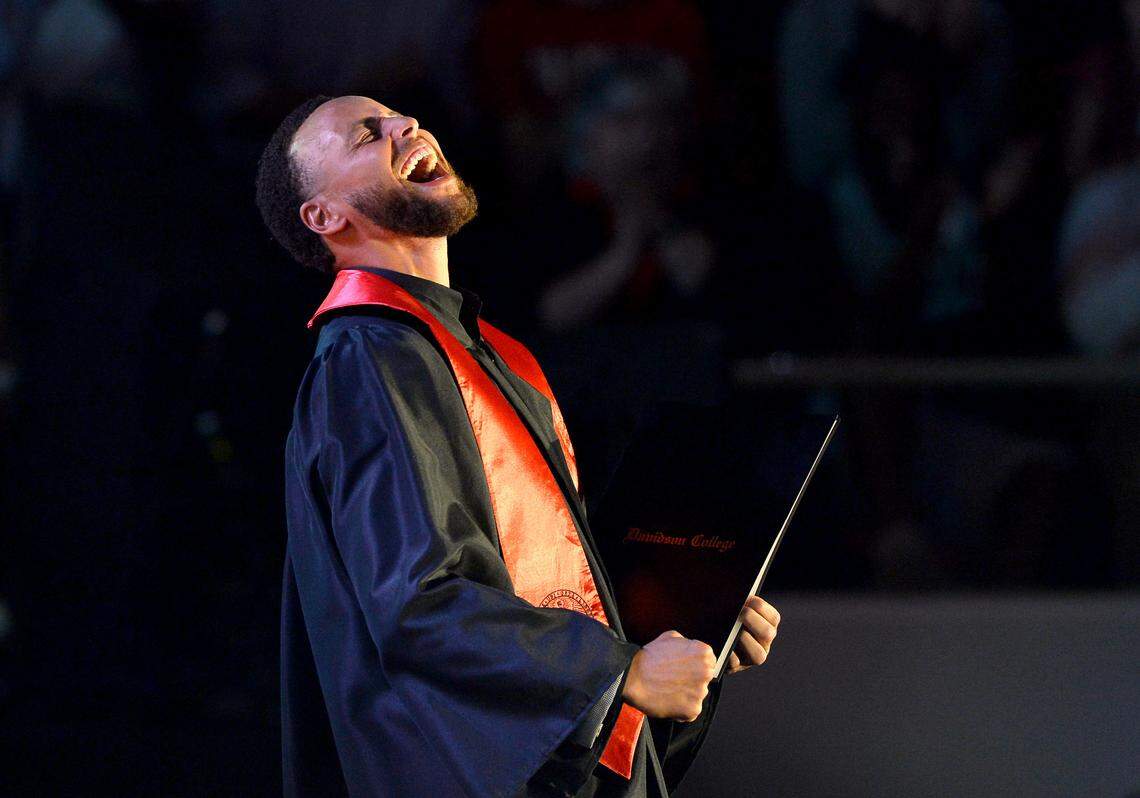 Steph Curry shows his emotion after received the diploma on Wednesday, Aug. 31, 2022 after left Davidson College to go into the NBA 13 years. Davidson also retired his No. 30 jersey during a special ceremony at Belk Arena. Curry played three seasons at Davidson during which he became the university’s all-time leading scorer with more than 2,600 points.