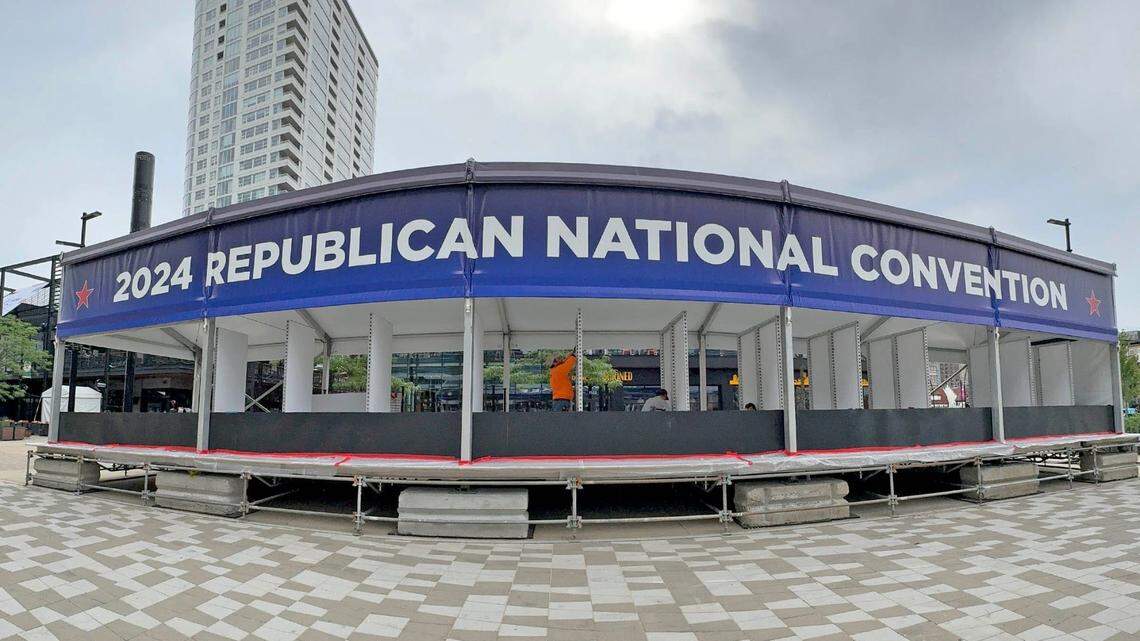 Work is done outside Fiserv Forum as preparations are underway in Milwaukee on Wednesday, July 10, 2024 for the Republican National Convention. The RNC begins Monday, July 15 and ends Thursday, July 18.